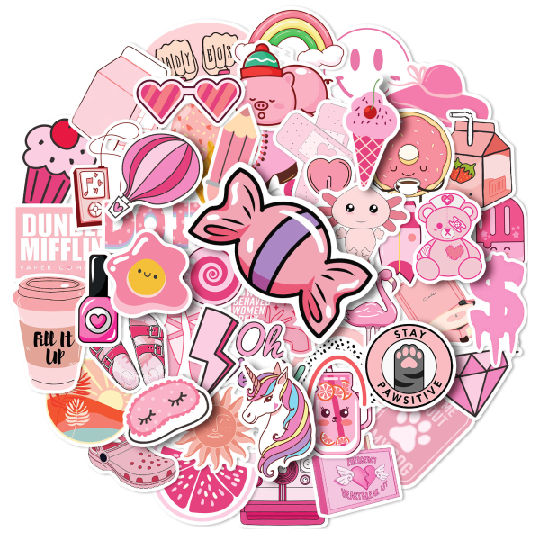 Rosa söta estetiska klistermärken: 50 st Kawaii-klistermärken för tonårsflickor och damer, W