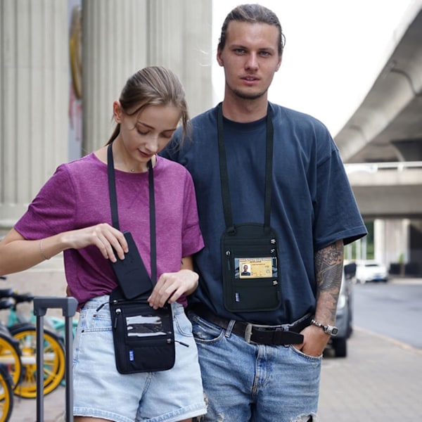 Rejse Halspose med RFID Blokering, Vandafvisende Rejse Pengepung Pas og Flybilletter, Justerbar Rejsedokument Taske Pose - Sort