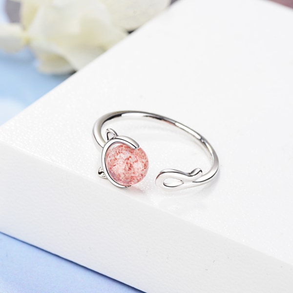 Silverpläterad rosa kristallkattpärla justerbar ring dam flickor smycken present,