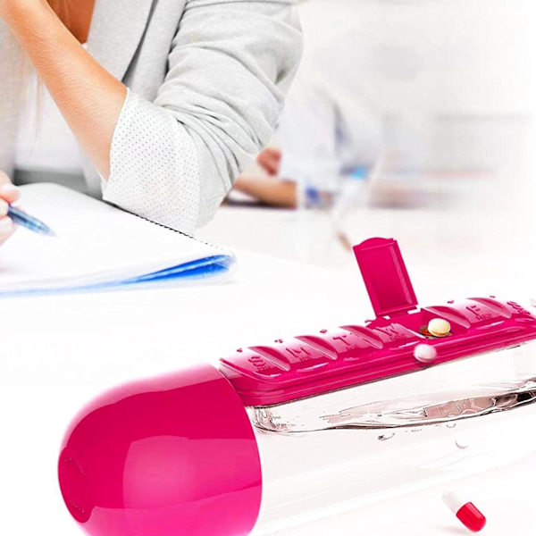 Bärbar 2-i-1 pillerburk/flaska - 600 ml (rosa)