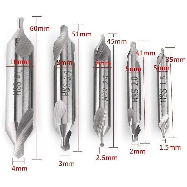 5 stk Drill Chuck Dobbel End Senterbor 60 Grader 1.5/2.0/2.5/3.0/4.0mm