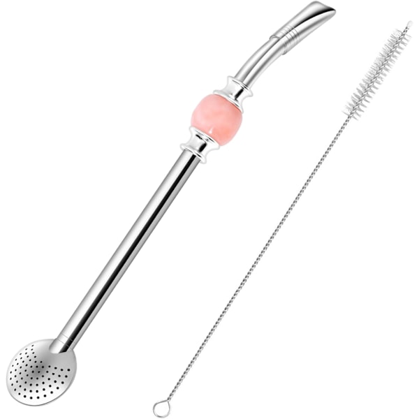Uudelleenkäytettävä pilli - Irrotettava ruostumattomasta teräksestä valmistettu suodatin kauniilla helmellä - Metallipilli irtoteen juomiseen - Sisältää puhdistusharjan (Pinkki)