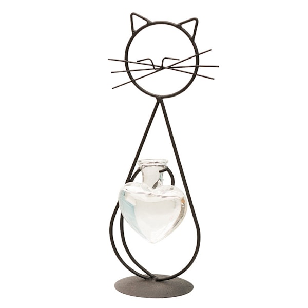 Glas katt med hjärtformad vas, växtterarium