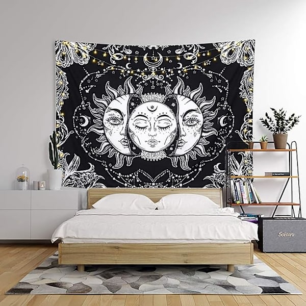 Sol och måne väggbonad psykedelisk gobeläng, mandala väggbonad väggduk estetisk tarot psykedelisk väggmatta tygkonst dekoration för sovrum vardagsrum (svart & vit, 200x150cm)