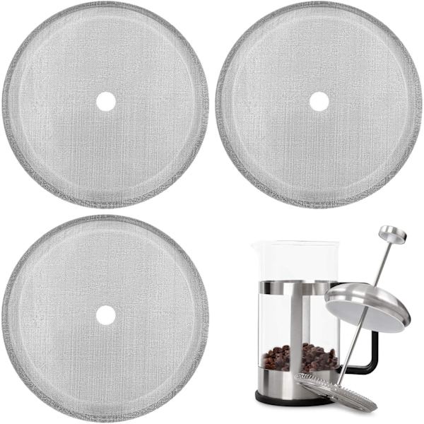 3-pack Ersättningsfilter för fransk press, kaffefilter, 4 tum, återanvändbar, rostfritt stål, nät, för 8 koppar/ 34 oz/ 1000 ml fransk presskaffe