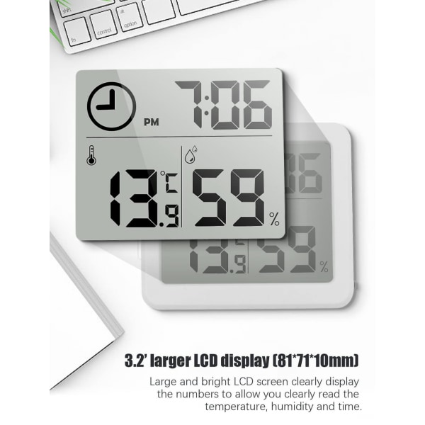 Digitaalinen lämpömittari/hygrometrinen suuri 3.2 Lcd-näyttö (valkoinen)