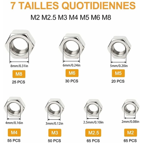 M2 M2.5 M3 M4 M5 M6 M8 Låsemøtrik-assorteringssæt, 304 rustfrit stål