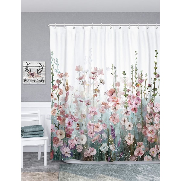 Färgglad blommig duschdraperi badrum rosa blommig romantisk vild