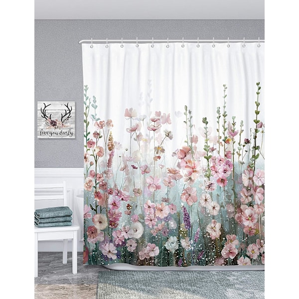 Farverig Blomster Bruseforhæng Badeværelse Pink Blomster Romantisk Vild