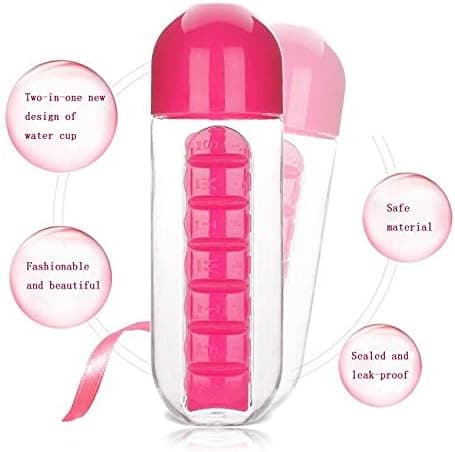 Kätevä 2-in-1 pillerirasia/pullo - 600 ml (vaaleanpunainen)