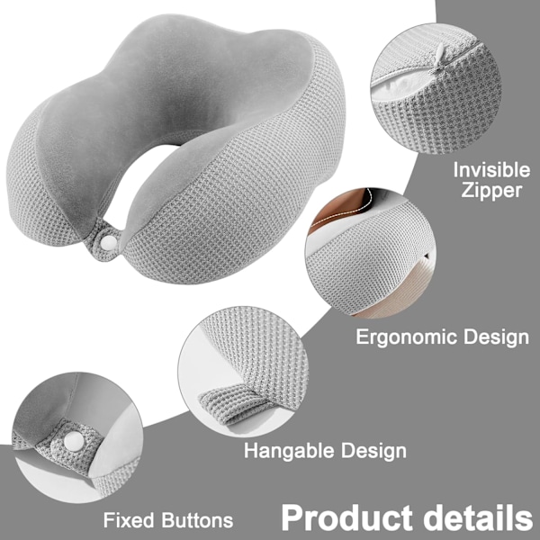 Resekudde, Resekudde, Resekudde i Memory Foam, Flygplanskudde, för Resor, Grå