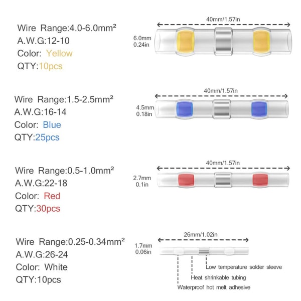 210 st elektriska kabelskor löd värmekrympningsslang, värmekrympningssvets skarvförsegling isolerade elektriska kontakter vattentäta marina marina fordonskoppar