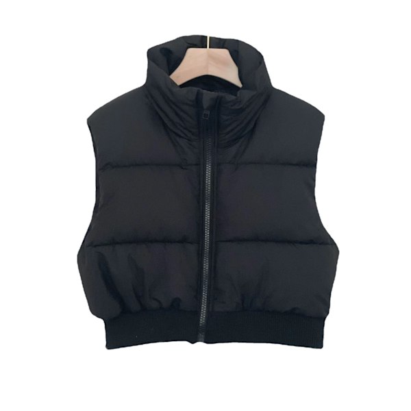 (M) Kvinnors Vadderad Dunväst Puffer Stå Krage Zip Up Crop Ärmlös Jacka