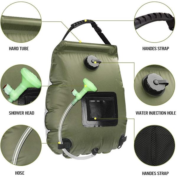Army Grøn Solbruserpose, 20 Liter, Camping, Temperatur 45°C