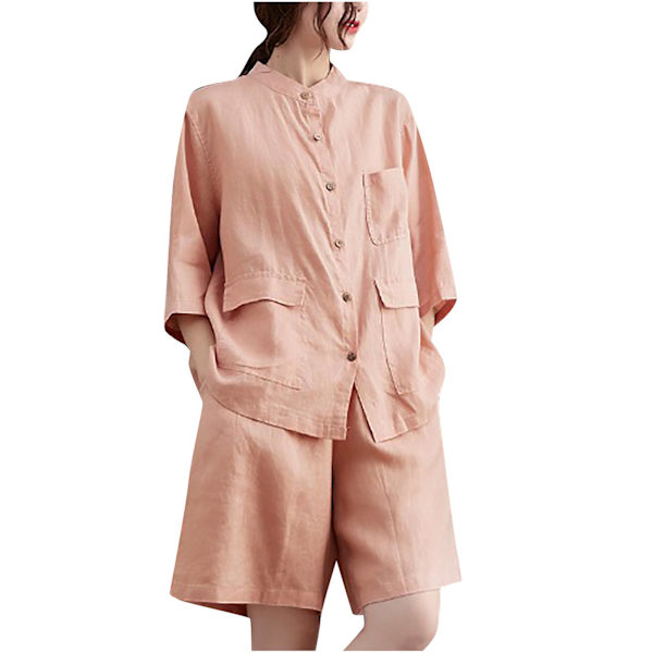 Dam Casual Solid Color Bomull Linne Bredben Byxor Två Delar