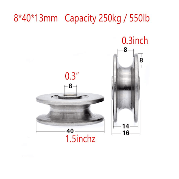 8mm dyb U-rille kugleleje remskive 250kg metal remskive til løfteføring indvendig diameter (40 x 13mm)