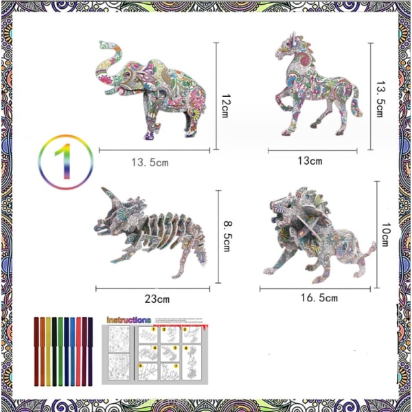 3D-puslespill med 4 dyr for fargelegging og bygging, fremmer kunst og håndverk for jenter og gutter, løve, dinosaur, hest, elefant, maling, gjør-det-selv-sett, 4 deler med highlighter, 3D-dyr