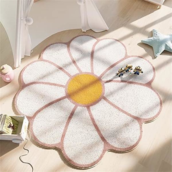 Rundt teppe for barnerom, mykt fluffy søtt blomsterformet teppe Shaggy N
