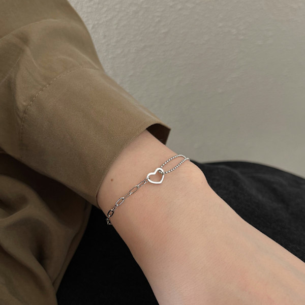 Hjerteformet sølvperle armbånd med lenke til kvinner, smykkegave, 1 stk.
