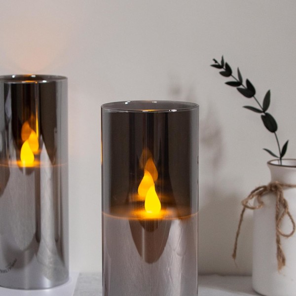 Grå glasflamfria LED-ljus, batteridrivna flimrande äkta vaxpil