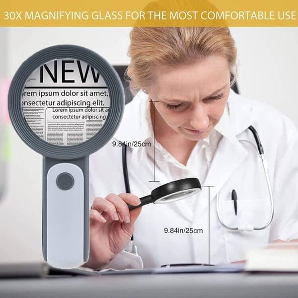 30X Lighted Reading Magnifier，Large Handheld Magnifying Glass wit