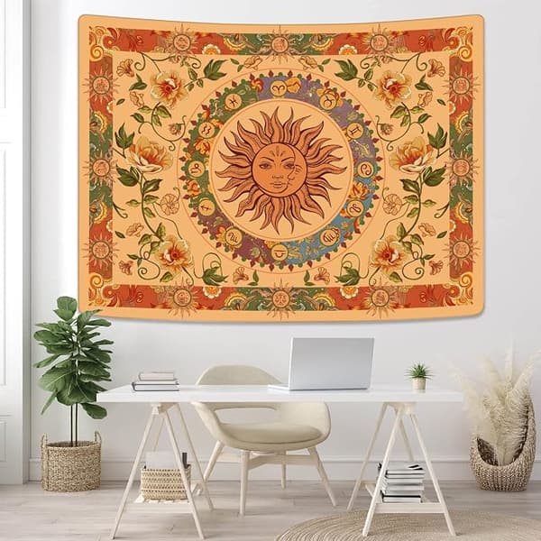 Gul Sol og Måne Gobelin Hippie Indie Gobeliner Boho Orange