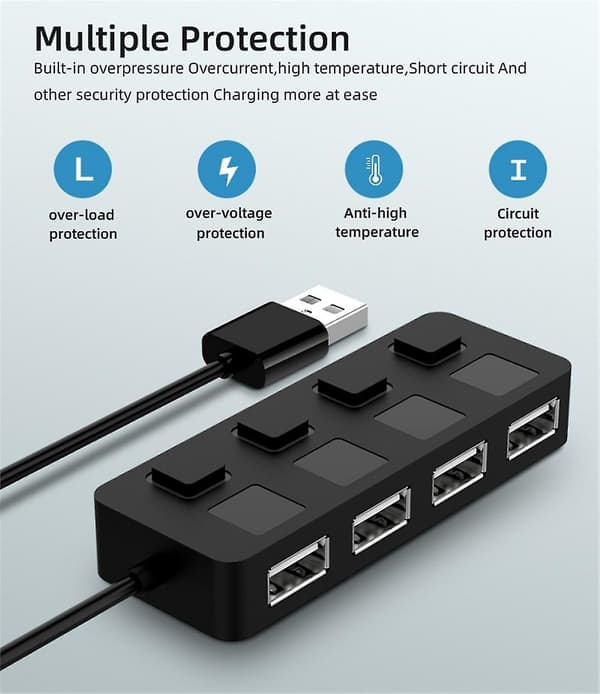 Multi 4-portars USB-hubb 3.0/2.0 med strömförsörjning, snabb förlängningsadapter, splitter