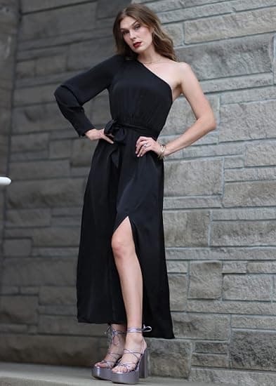Dame Satin Langærmet One Shoulder Maxi Kjole Asymmetrisk Bælte
