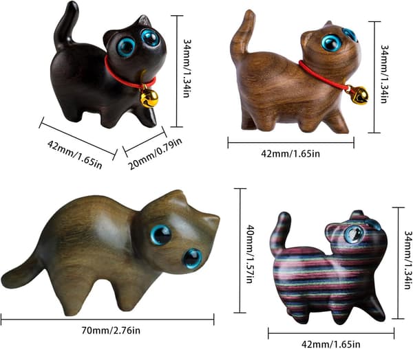 Sæt med 4 håndskårne katte sandeltræ håndskårne søde katteudskæringer kat træudskæringer samlerobjekt dyrefigur boligdekoration