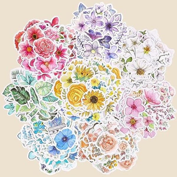 Flower Stickers Set (180 stycken) - Dekorativa färgglada blandade blommiga klistermärken f