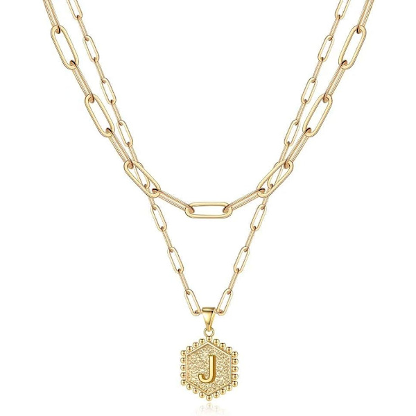 Flerskiktade halsband med initialer för kvinnor, guldpläterad kedja med gem, enkelt och sött hexagonformat bokstavshänge, initialhalsband med guldpläterad kedja