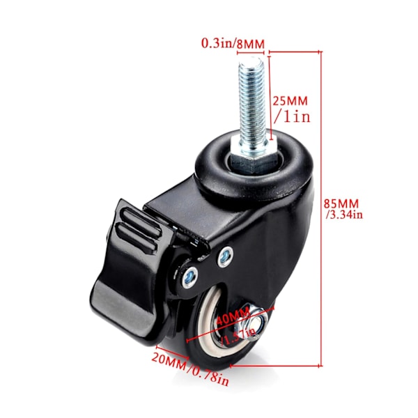 4 st Kontorsstols Hjul M8 x 25mm Polyuretan Swivel Casters Max Last 240kg Ersättnings Swivel Casters Hjul med Bromsar