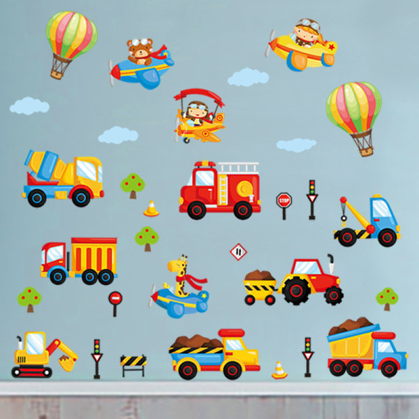 Tecknad ingenjörsbil bilbana väggklistermärken DIY barns ro