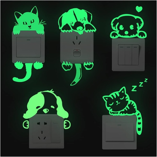 5 pakker Glow in The Dark Wall Stickers, Luminous Switch Sticker, Cartoon Cat Dog P