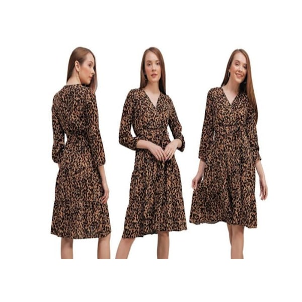 Tulostettu mekko - Ruskea - Ristiinkaulustettu - 100% Viskoosi - Koko 36 - Pituus 107 cm - 36