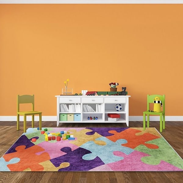 Matta - PUZZLE - 100x160 cm - Halkskydd - Maskintvättbar - Mjuk vid beröring Flerfärgad