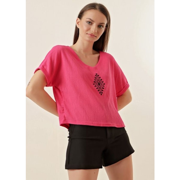 Broderad blus - Fuchsia - Dam - V-ringning - Långa ärmar - Figursydd Rosa 40