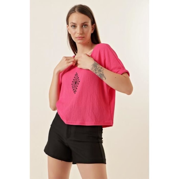 Broderad blus med V-ringning - Fuschia, storlek: 36 Rosa 40