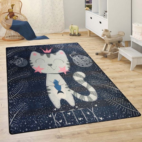 Lasten Matto - KITTY - 80x150 cm - Liukumaton - Konepestävä - Pehmeä kosketukseen Blå
