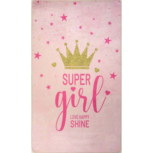 Teppe - SUPER GIRLS - 80x150 cm - Halkbestandig - Maskinvaskbar - Myk å ta på Rosa