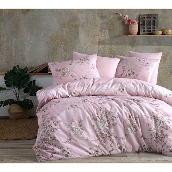 Sängkläder - FLOWER - Ros - 220x240 cm - 80% Bomull - 2 Örngott Rosa