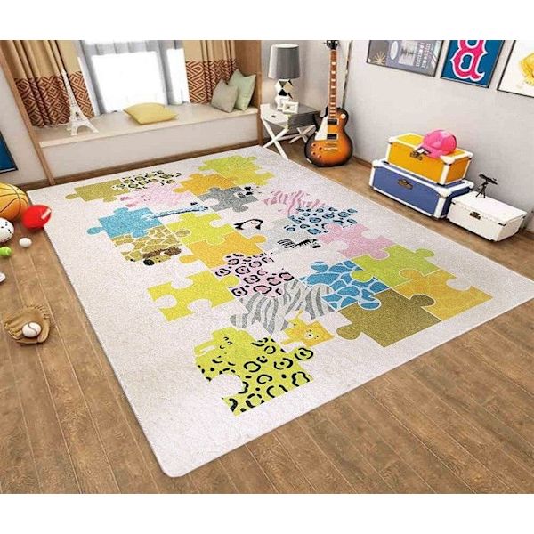 Børnetæppe - Puslespil - Beige - 80x150cm - 100% Polyester - Skridsikker Beige