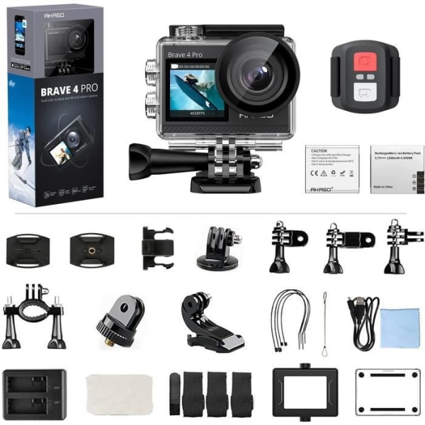 AKASO Brave 4 Pro Sports Camera 4K 20MP vattentät kamera 40M Dubbla skärmar Fjärrkontroll Videokamera WiFi Stabilisering EIS 2.0 Svart