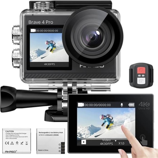 AKASO Brave 4 Pro 4K 20MP Sportkamera 40M Vattentät kamera Två skärmar Fjärrkontroll EIS 2.0 WiFi-videokamera Svart med 32G-kort