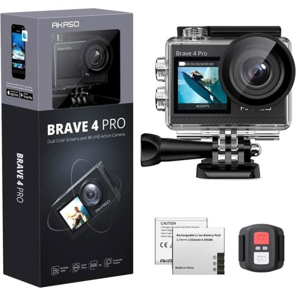 AKASO Brave 4 Pro 4K 20MP Sportkamera 40M Vattentät kamera Två skärmar Fjärrkontroll EIS 2.0 WiFi-videokamera Svart med 32G-kort