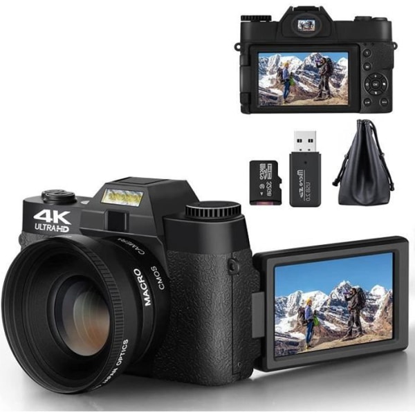 4K 48MP kompakt digitalkamera med WiFi 3,0" 180° IPS-skärm vidvinkelobjektiv makroobjektiv 16X digital zoom