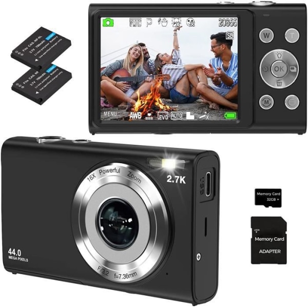 44 MP kompakt digitalkamera - Svart - 16x optisk zoom - Pausfunktion och 1080p HD-video