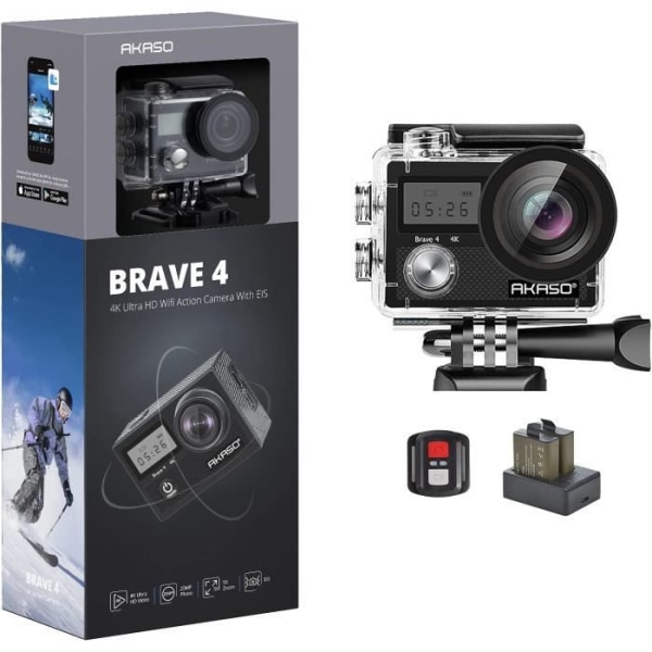 AKASO Brave 4 Sports Camera - 4K 30FPS - 16MP - Pekskärm - Universal tillbehör - Svart
