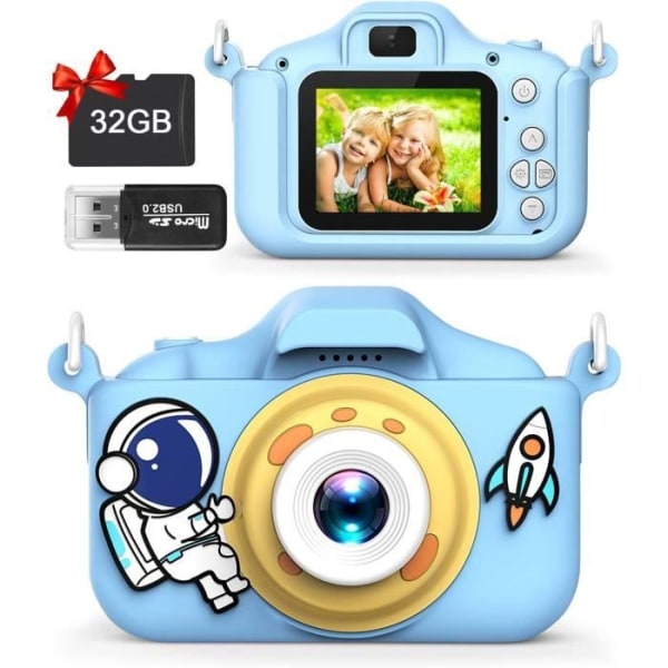 Barnkamera 2,0-tums HD 1080P Selfie-videokamera med 32 GB SD-kort BLÅ