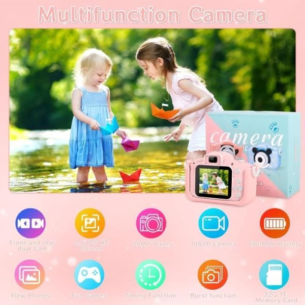 Barnkamera 2,0-tums HD 1080P Selfie-videokamera med 32 GB ROSA
